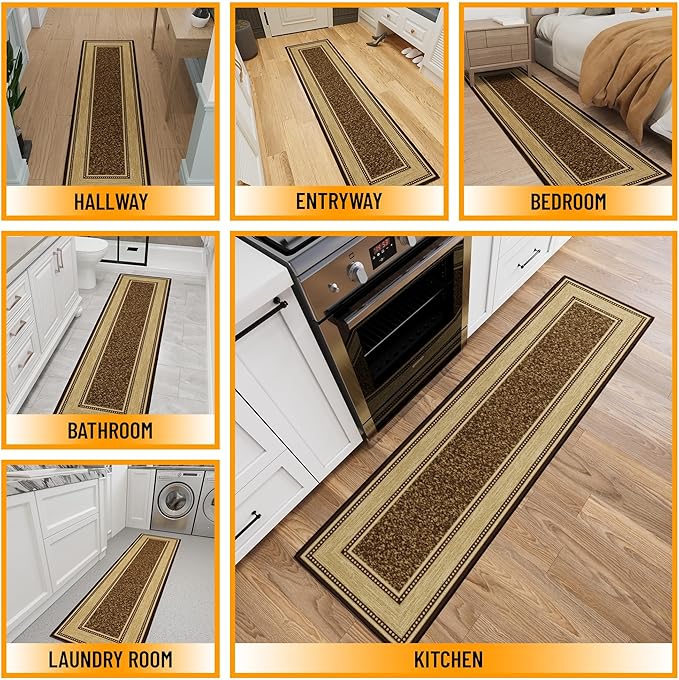 Ottomanson Hallway Runner Rug 1'10" x 7' Non Slip Border Area Rugs Easy to Clean Laundry Rug Runner Durable & Pet Friendly Floor Carpet Runners for Hallways Entryway Living Room Kitchen, Brown