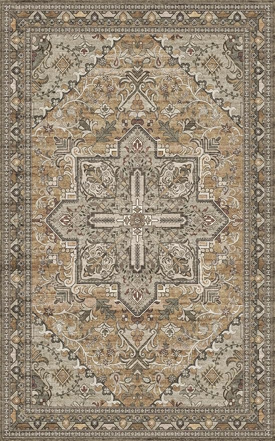 Washable Area Rug 5x8 | Non Slip Area Rug for Living Room, Bedrooms, Dining Room | Ultra-Soft Flannel Carpet Area with Rubber Backing (Light Sage Brown, 5x8)