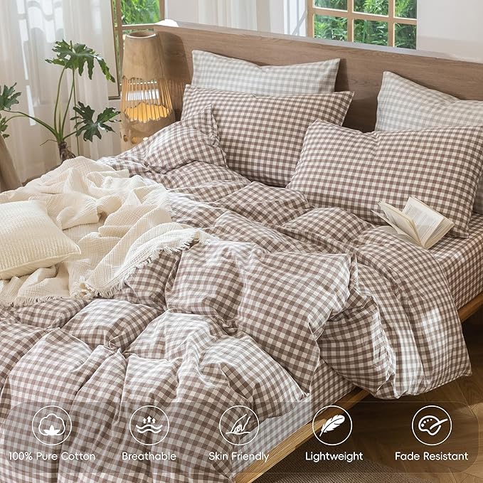 MooMee Gingham Duvet Cover Set 100% Washed Cotton Linen Like Textured Breathable Durable Soft Comfy Modern Checkered Design (Brown Gingham, Super Queen 90"x98")