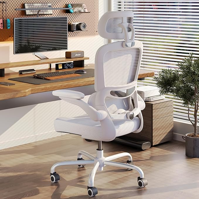 TRALT Ergonomic Office Chair - Desk Chair with Adjustable Headrest Lumbar Support Computer Chair - Mesh Comfy Chair with Flip-up Armrests - Gaming Chairs for Adults Home Office (Leather, White)