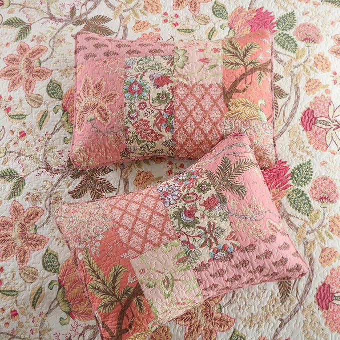 NEWLAKE Cotton Patchwork Bedspread, 3-Piece Bedding Quilt Set with Real Stitched Embroidery, Reversible Matelasse Bed Coverlet Set,Bohemian Floral, King Size
