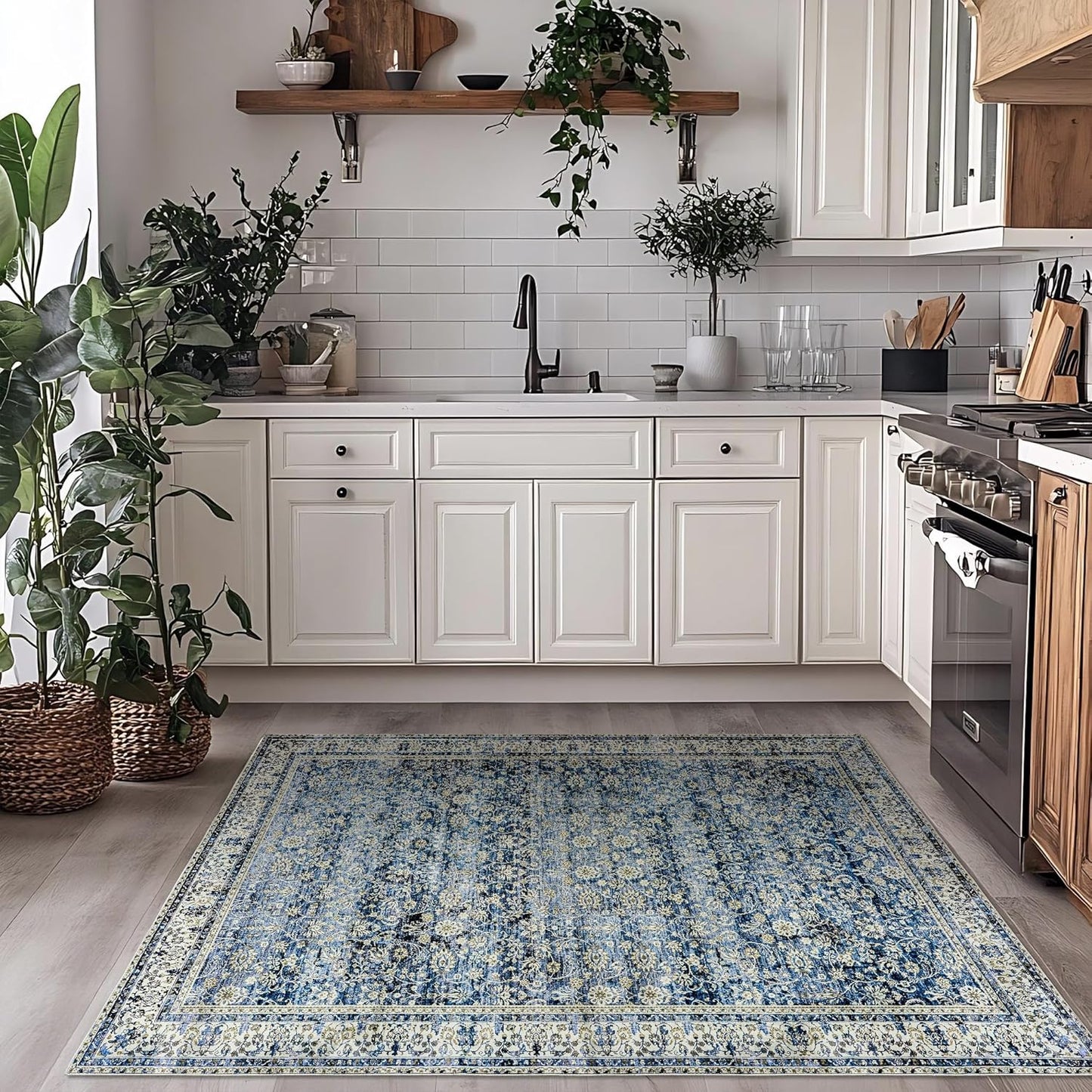 Blue Vintage Design Floral Area Rug Distressed Carpet 3x5 Cover Print Multi Rug Kitchen Living Room Bedroom Dining Room