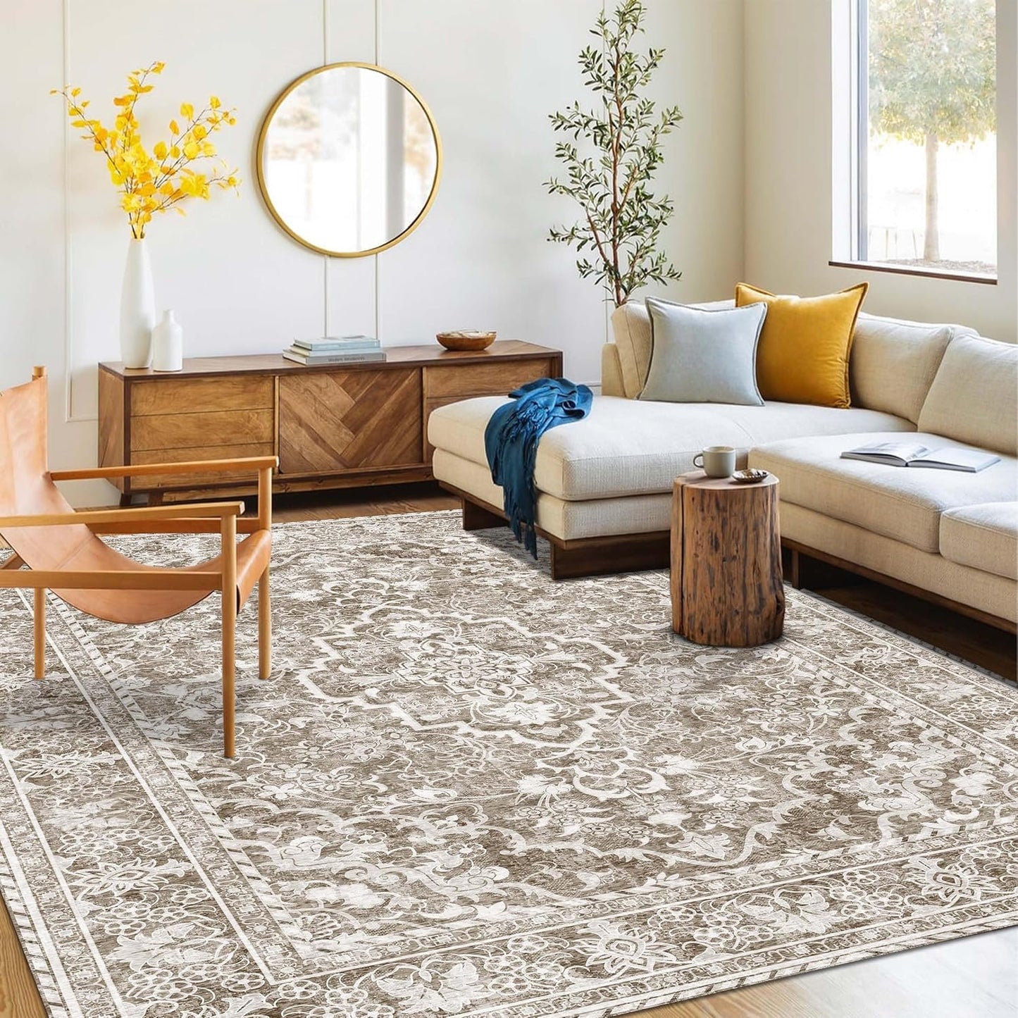 Washable Area Rug 4x6 | Non Slip Area Rug for Living Room, Bedrooms, Dining Room | Ultra-Soft Flannel Carpet Area with Rubber Backing (Sand, 4x6)