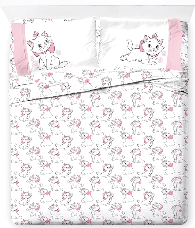 Jay Franco Kids Sheet Set with Fitted, Flat Sheets & Pillow Cover - Ultra-Soft Bedding with Pillowcase for Room Decor, White - Aristocats, 4 Piece Queen