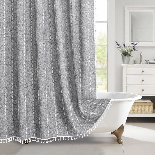 MitoVilla Dark Grey Farmhouse Shower Curtain Set 72 x 78, Boho 78 inch Long Polyester Linen Tassel Fabric Shower Curtain Set for Chic Cottagecore French Rustic Bathroom Decor, Charcoal Grey