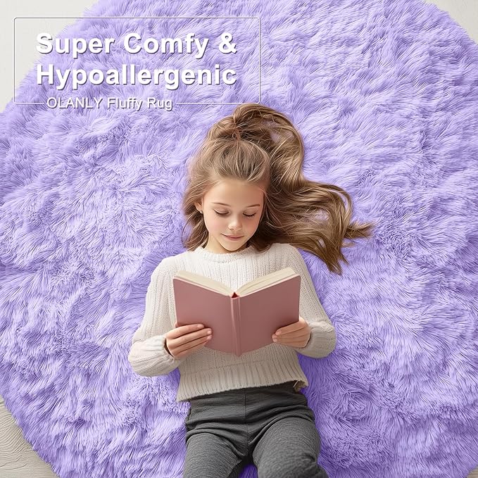 OLANLY Light Purple Round Rugs for Bedroom - Machine Washable, 7 ft Circle Area Rugs for Living Room, Soft and Fluffy Shaggy Carpet for Teen Girls and Boys, Nursery Rooms, Dorms, Home Decor Aesthetic