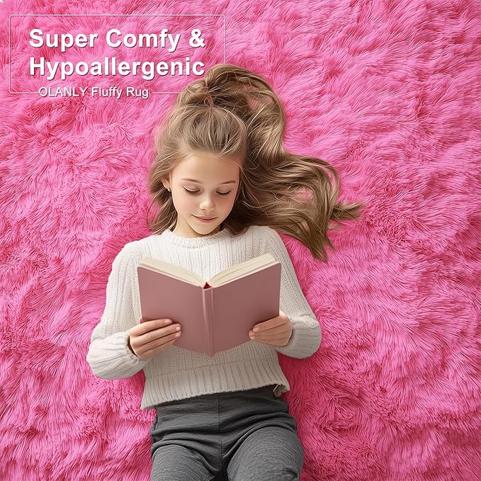 OLANLY Area Rugs for Living Room Bedroom, Machine Washable 4x5.9 ft Soft Fluffy Shaggy Bedside Rug, Indoor Floor Carpet for Kids Girls and Boys, Dorms, Nursery Rooms, Home Decor Aesthetic, Hot Pink