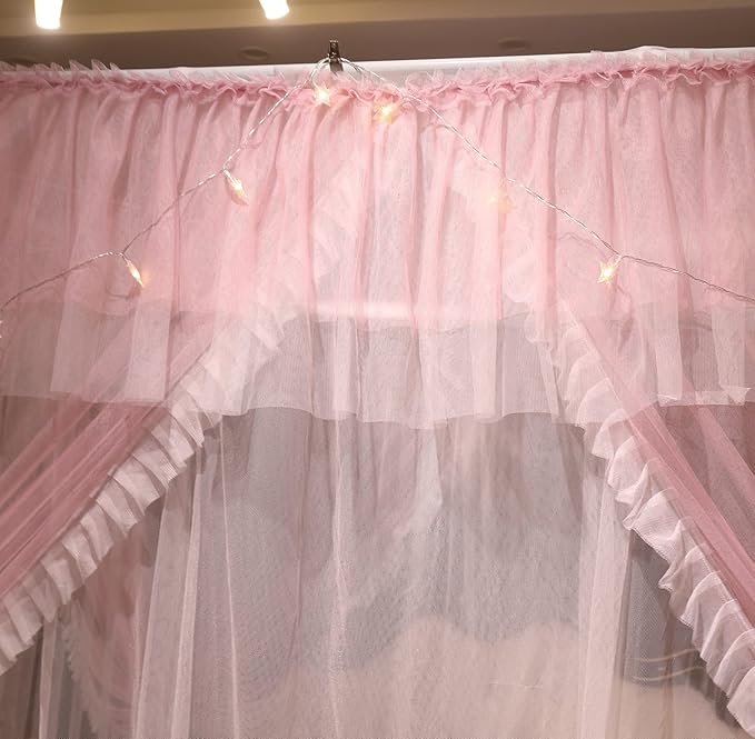 VETHIN 4 Corners Post Ruffle Princess Bed Canopy Curtain-Double Layer Cozy Drape Netting 4 Opening Mosquito Net for Girls Adults Bedroom Decoration (Pink/Whtie, 47" W*78" L*82" H/Twin)