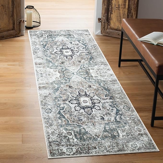 Keen Home Design 2x12 Rug - Machine Washable Runner Rug with Non-Slip Backing, Ideal for Hallway, Entryway, Kitchen, Laundry Room - Vintage, Easy Clean, Durable, Low Pile - (2'6" x 12')