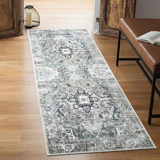 Keen Home Design 2x12 Rug - Machine Washable Runner Rug with Non-Slip Backing, Ideal for Hallway, Entryway, Kitchen, Laundry Room - Vintage, Easy Clean, Durable, Low Pile - (2'6" x 12')