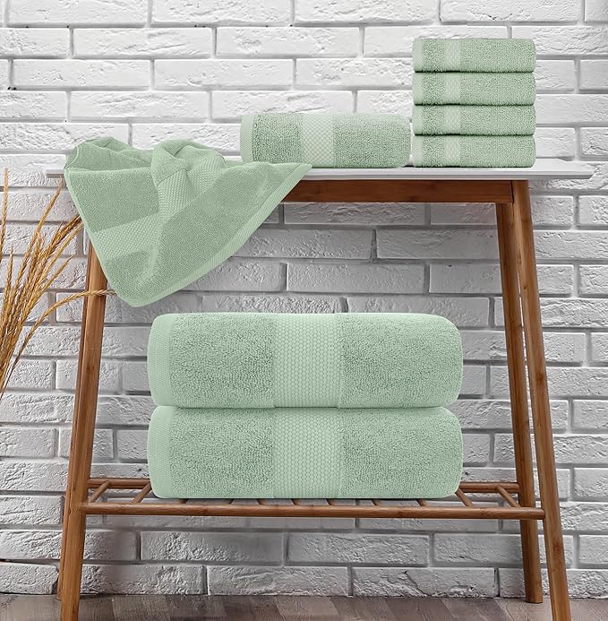 White Classic Luxury Bath Towel Set of 8 Pieces - 100% Turkish Cotton Highly Absorbent Towels for Bathroom, 2 Luxury Bath Towels 700GSM, 2 Hand Towels, 4 Washcloths, Green