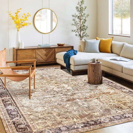 Washable Area Rug 5x8 | Non Slip Area Rug for Living Room, Bedrooms, Dining Room | Ultra-Soft Flannel Carpet Area with Rubber Backing (Olive Brown, 5x8)