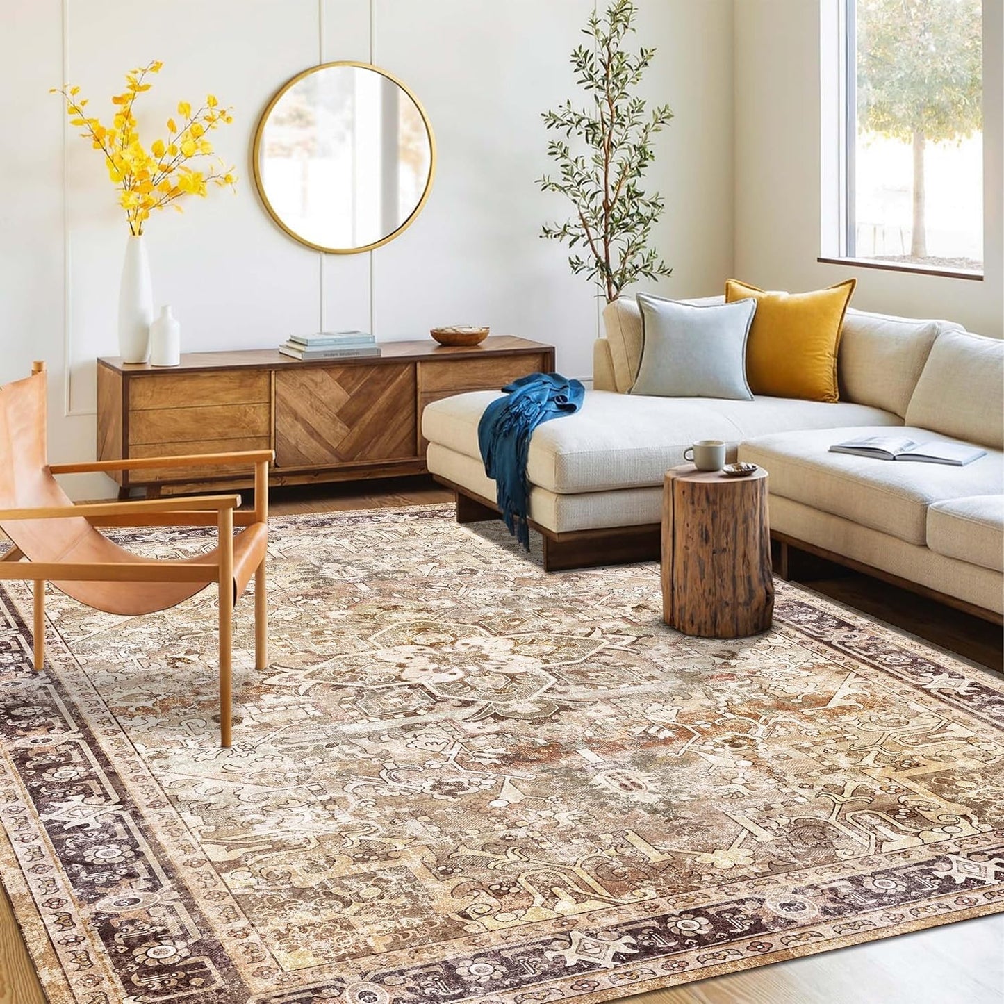 Washable Area Rug 4x6 | Non Slip Area Rug for Living Room, Bedrooms, Dining Room | Ultra-Soft Flannel Carpet Area with Rubber Backing (Olive Brown, 4x6)