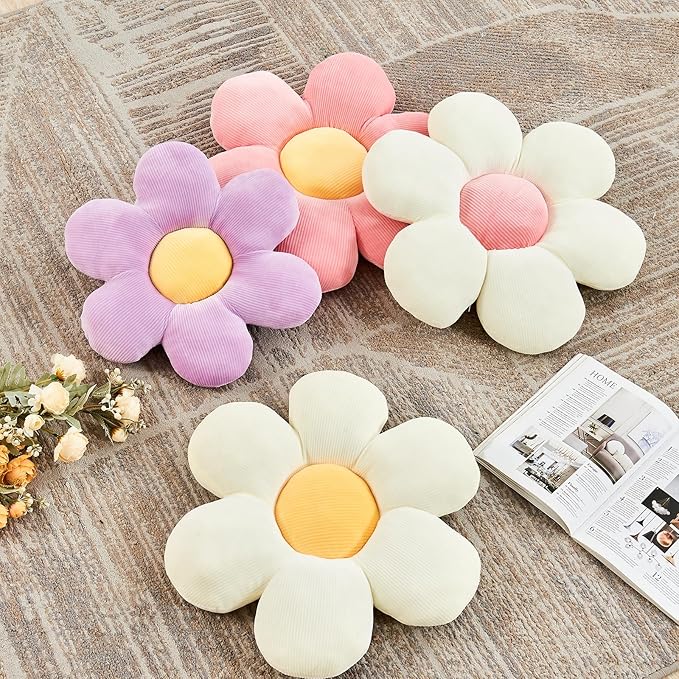 Pink Flower Pillow, 14.9" Cute Flower Shaped Floor Pillow, Aesthetic Floral Plush Daisy Decorative Throw Pillows for Bed Sofa Couch