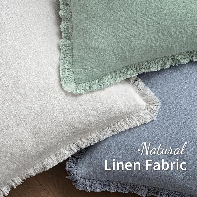 MIULEE Decorative Throw Pillow Covers Neutral Linen Fringe Throw Pillows Set of 2 Light Blue Boho Farmhouse Cushion Covers with Tassels for Couch Sofa Bed Living Room Spring Home Decor 18x18 Inch