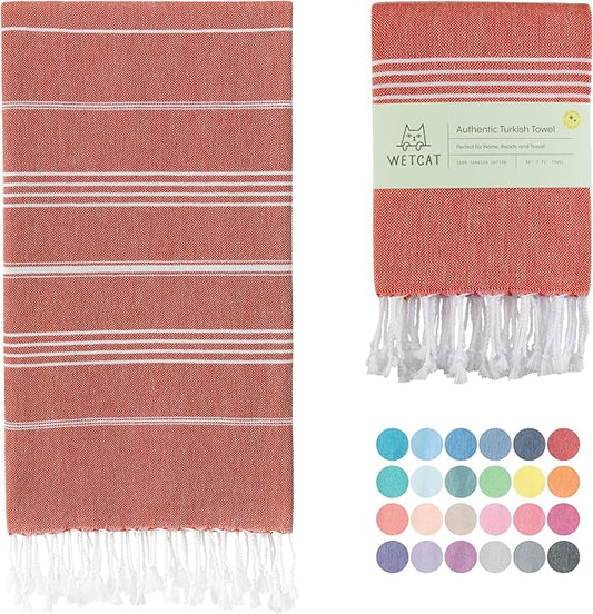WETCAT Turkish Beach Towel Oversized (38"x71") 100% Turkish Cotton, Made in Turkey - Sand Free, Extra Large, Ultra Soft, Quick Drying, Compact & Lightweight for Travel - Red