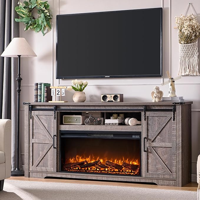 JXQTLINGMU Fireplace TV Stand for 80 Inch TV, Farmhouse Entertainment Center with 36" Fireplace, Modern Media Console with Sliding Barn Door & Storage Drawers for Living Room, Grey