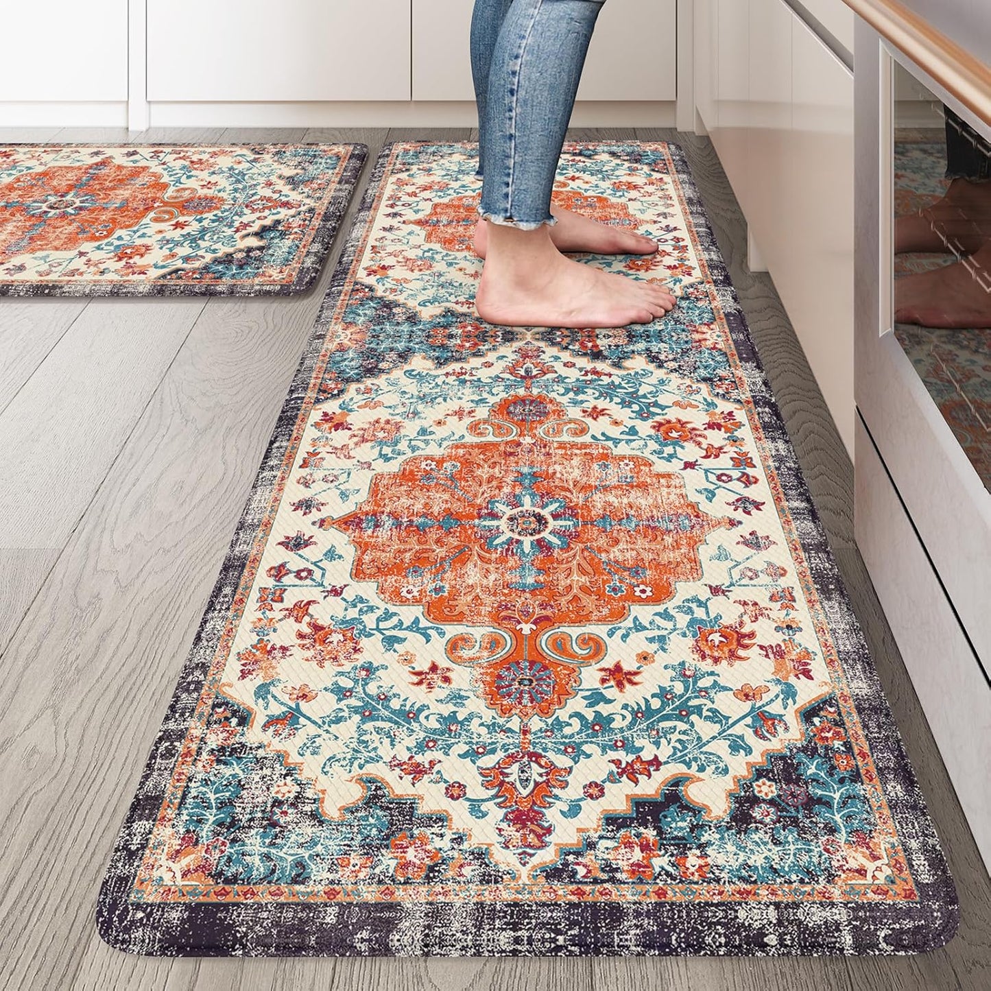 KIMODE Anti Fatigue Kitchen Mats, Boho Vintage Kitchen Rugs - Sets of 2, Cushioned Non Slip Comfort Rugs for Kitchen Floor, Sink, Laundry, Desk - Orange/Purple 20"x47"+20"x32"