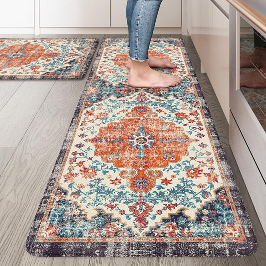 KIMODE Anti Fatigue Kitchen Mats, Boho Vintage Kitchen Rugs - Sets of 2, Cushioned Non Slip Comfort Rugs for Kitchen Floor, Sink, Laundry, Desk - Orange/Purple 20"x47"+20"x32"