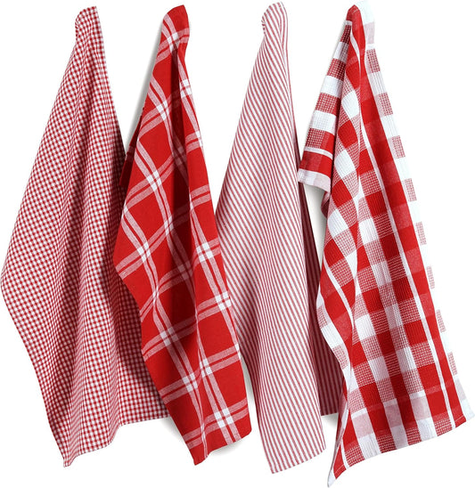 LANE LINEN 100% Cotton Kitchen Dish Cloths, Ultra Soft Absorbent Quick Drying Dish Towels, Multiweave Wash Cloths Dish Towel Sets, 13x28 Inches, 4 Pack - Red