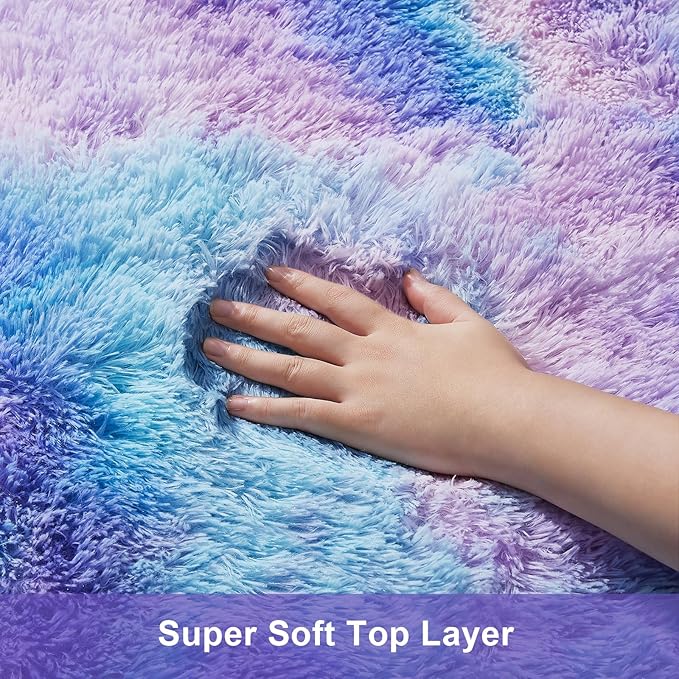 Ophanie Girls Room Rug Rainbow Purple Mermaid Rugs for Bedroom, Fluffy Soft Cute Fuzzy Area Rugs, Shag Plush Shaggy Bedside Floor 4x6 Furry Carpet for Kids Baby Teen Dorm Nursery Home Decor Aesthetic