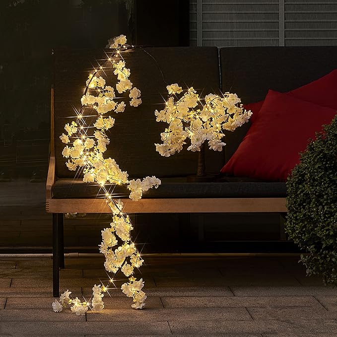 LITBLOOM Cherry Blossom Garland with Lights Battery Operated with Timer 96 Fairy Lights 6FT, Lighted White Flower Garland for Mantle Fireplace Wedding Party Spring Decoration Indoor Outdoor