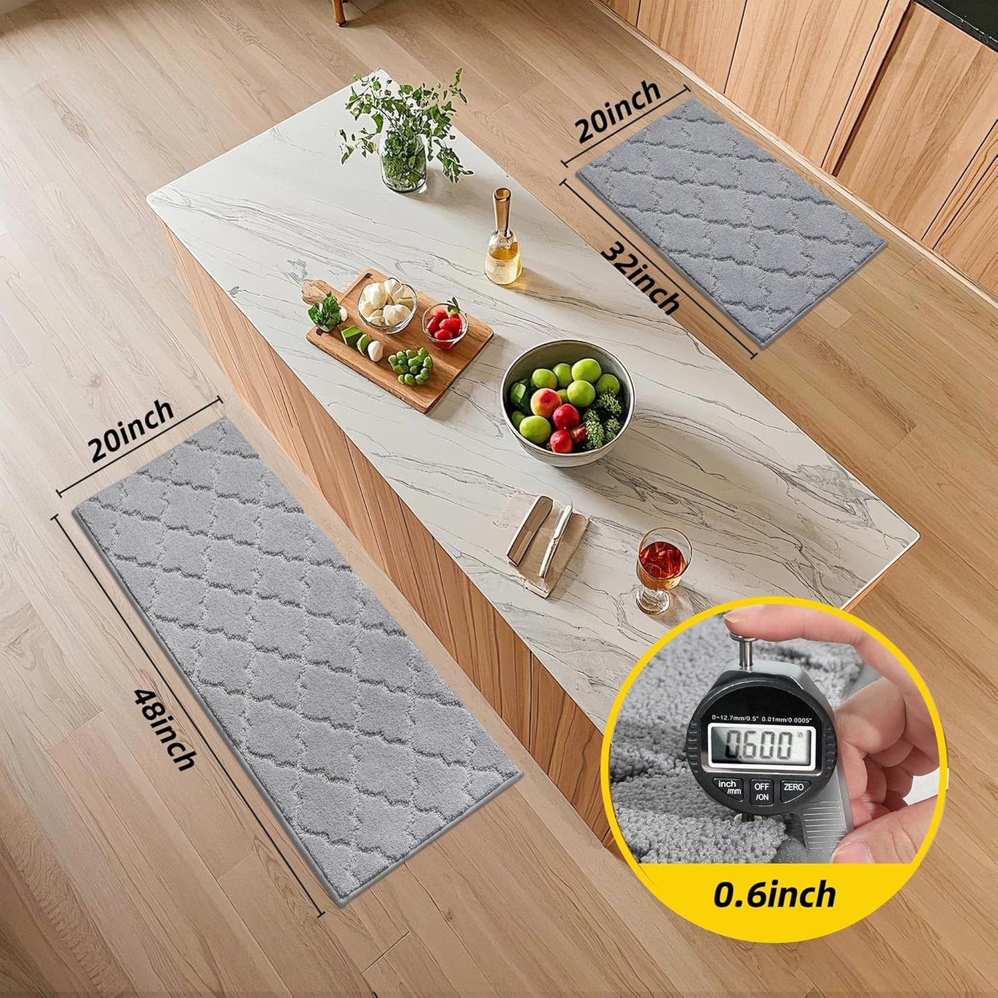 JSEI Kitchen Rugs, Non-Slip Kitchen Mats for Floor, Soft Washable Absorbent Kitchen Mats 2 Pieces, Kitchen Carpet Runner with TPR Backing, Polyester, 20”x32”+20”x48”, Light Grey