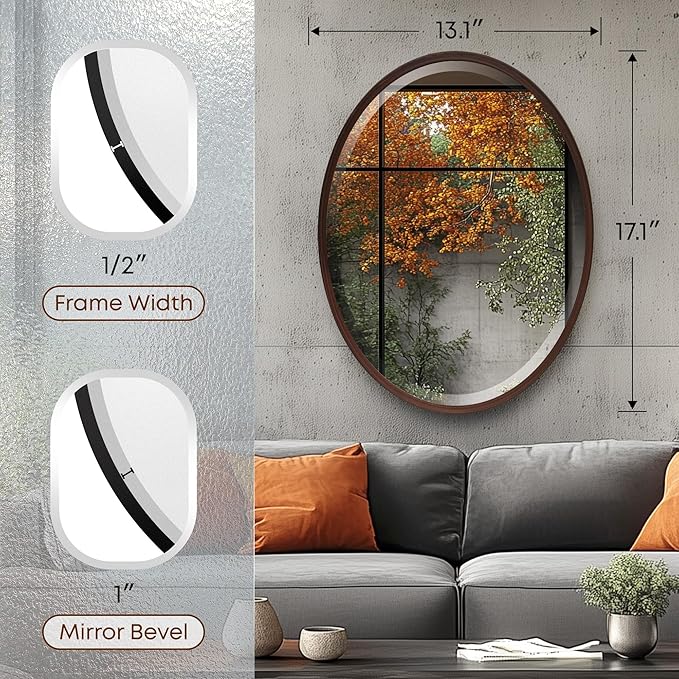 OVALCREST - Oval Wooden Beveled Wall Mirror for Home Decor, Bathroom, Vanity, Bedroom, Living Room, Hallway - London Style (Black Walnut) 13.1 x 17.1
