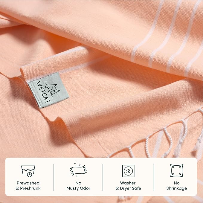 WETCAT Turkish Beach Towel Oversized (38"x71") 100% Turkish Cotton, Made in Turkey - Sand Free, Extra Large, Ultra Soft, Quick Drying, Compact & Lightweight for Travel - Light Coral