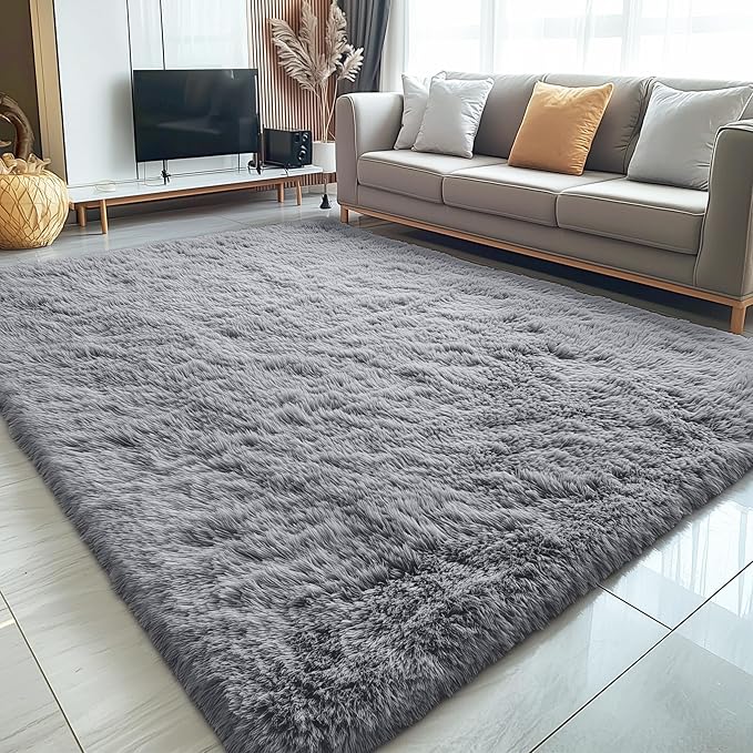 OLANLY 5x8 Machine Washable Large Area Rugs for Living Room, Bedroom, Soft Fluffy Shaggy Bedside Rug, Indoor Floor Carpet for Kids Girls and Boys, Dorms, Nursery, Home Decor Aesthetic, Light Grey