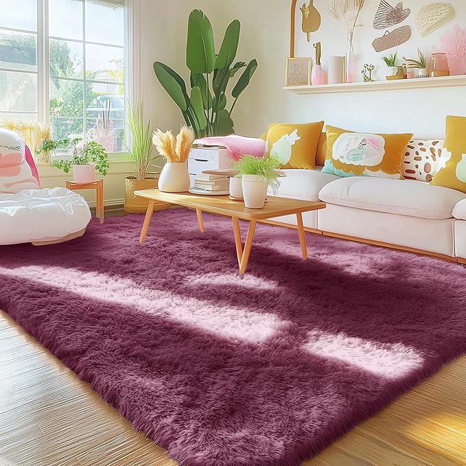 OLANLY Area Rugs for Living Room Bedroom, Machine Washable 4x5.9 ft Soft Fluffy Shaggy Bedside Rug, Indoor Floor Carpet for Kids Girls and Boys, Dorms, Nursery Rooms, Home Decor Aesthetic, Burgundy