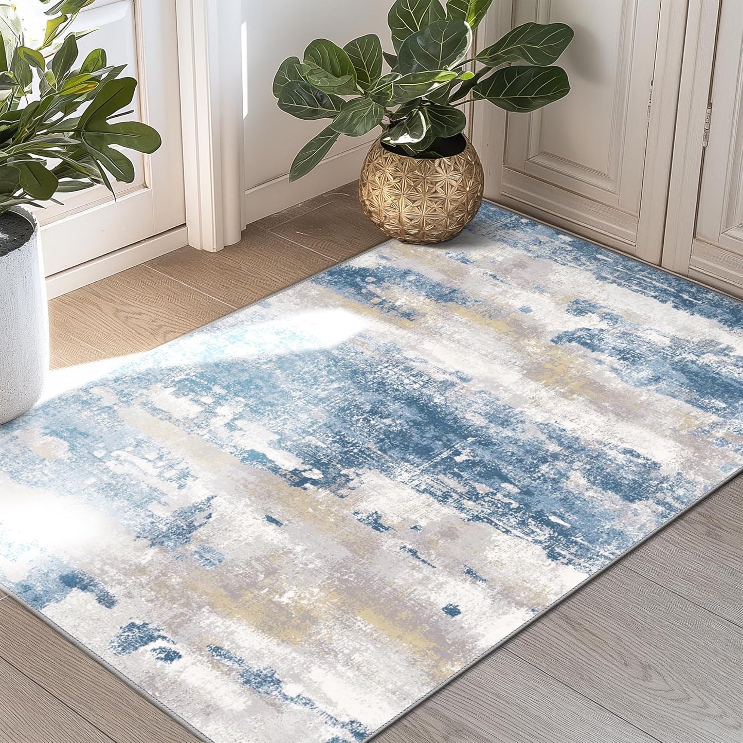 2x3 Rugs for Entryway Entrance Kitchen Bathroom, Machine Washable Modern Abstract Soft Area Rug, Indoor Floor Carpet with Non Slip Rubber Backing, Blue Cream