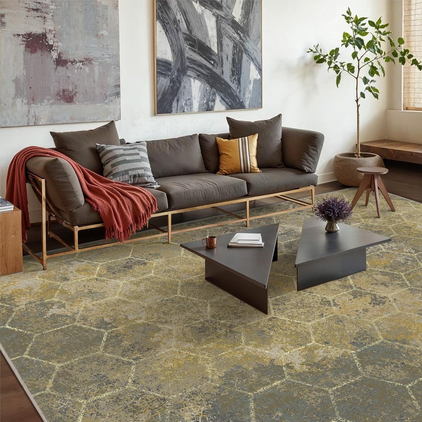 Area Rugs 8x10 for Living Room Bedroom, Modern Abstract Honeycomb Geometric Design, Machine Washable Rug, Large Soft Low Pile Floor Cover with Non Slip Backing for Dining Room, Golden Mist