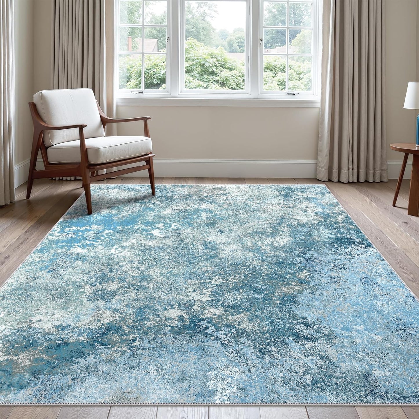 Area Rugs 8x10 for Living Room Bedroom, Modern Abstract Machine Washable Rug, Large Soft Low Pile Floor Carpet with Non Slip Backing for Dining Room, Ice Blue Beige