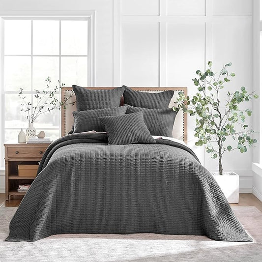Levtex Home Mills Waffle Full Bedspread Set (100x104in) with 2 Pillow Shams (26x20in) - Charcoal - 100% Cotton Full Size Bedspread Set - Lightweight, Soft, Pre-Washed