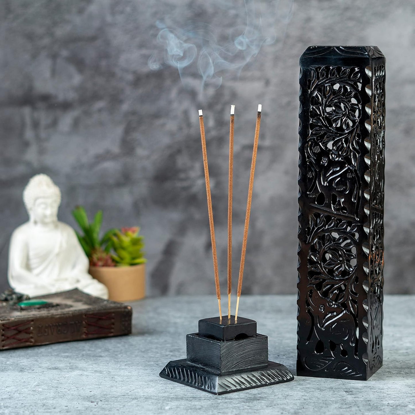 Crocon Black Marble Soapstone Incense Stick Burner Square Shape Leaf & Half Wheel Carving Tower Burner | Tea Light Candle Holder | Decorative Home & Kitchen Size - LxWxH 3X3X11 Inch