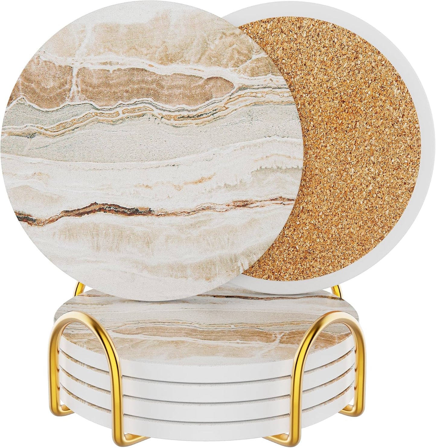 Coasters for Drinks Set of 4, Absorbent Marble with Metal Golden Holder, Ceramic Coaster Set Cup Mat for Home Decor, Bar, Kitchen, Party