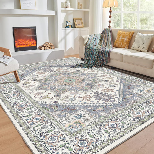 OPPODREAM Soft Area Rugs 3x5, Washable Rugs with Non Slip Backing, Low-Pile Throw 3x5 Carpet, Faux Cashmere 3 x 5 Carpet, Purple & Green & Cream