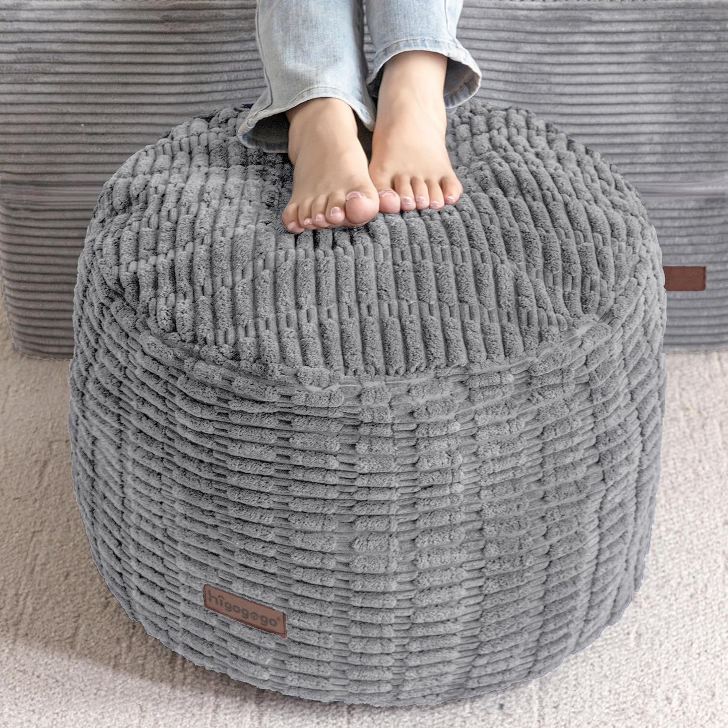 HIGOGOGO Pouf Ottoman Stuffed Round Modern Foam Filled Foot Rest Poufs for Living Room Chair Decorative 26 X 18 Inches Boho Relax Stool for Wedding Christmas Party, Light Grey