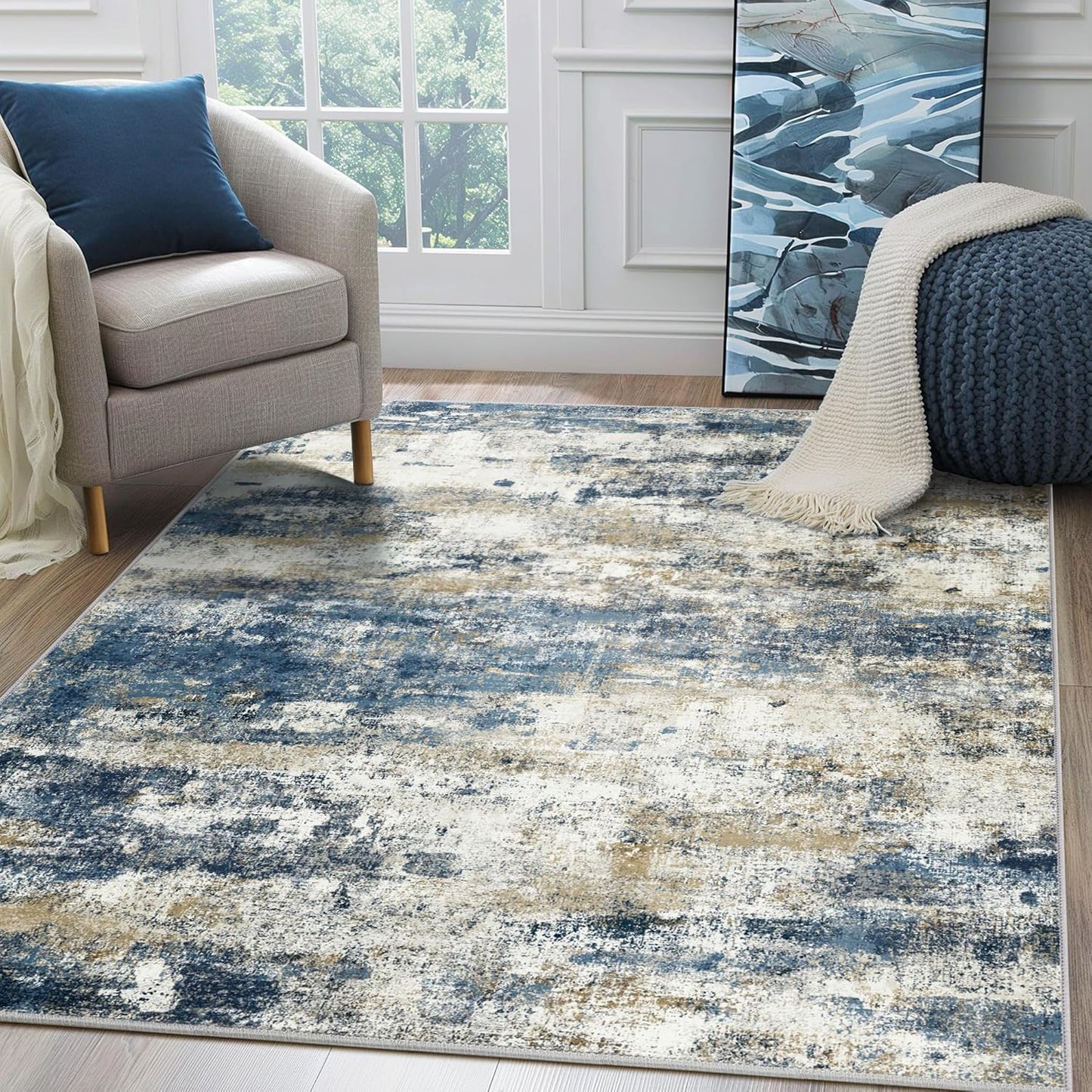 Area Rugs 10x14 for Living Room Bedroom, Modern Abstract Machine Washable Rug, Large Soft Low Pile Floor Carpet with Non Slip Backing for Dining Room, Navy Blue Beige