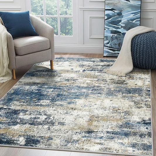 Machine Washable Rug 8x10 Area Rugs for Living Room Bedroom, Large Navy Blue Beige Abstract Area Rug Soft Throw Rugs, Low-Pile Floor Carpet with Non Slip Rubber Backing