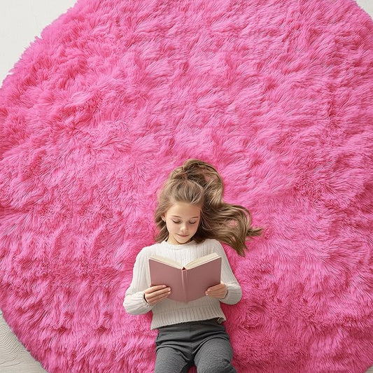 OLANLY Hot Pink Round Rugs for Bedroom - Machine Washable, 8 ft Circle Area Rugs for Living Room, Soft and Fluffy Shaggy Carpet for Teen Girls and Boys, Nursery Rooms, Dorms, Home Decor Aesthetic