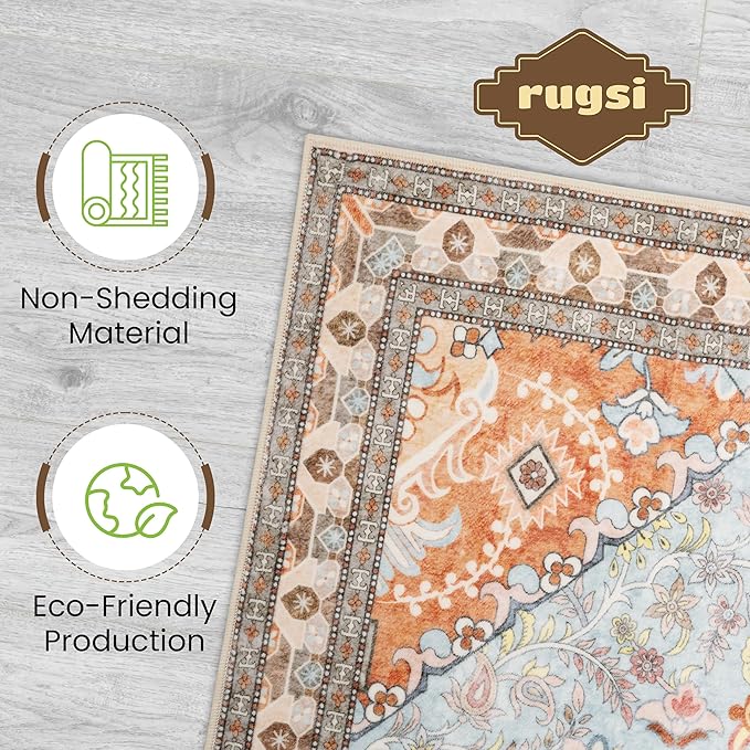 Washable Runner Rug 2x6 | Non Slip Rug Runners for Hallways, Entryways, Kitchens, Bathrooms, Bedrooms | Ultra-Soft Flannel Carpet Runners with Rubber Backing (Light Teal/Rust, 2x6)