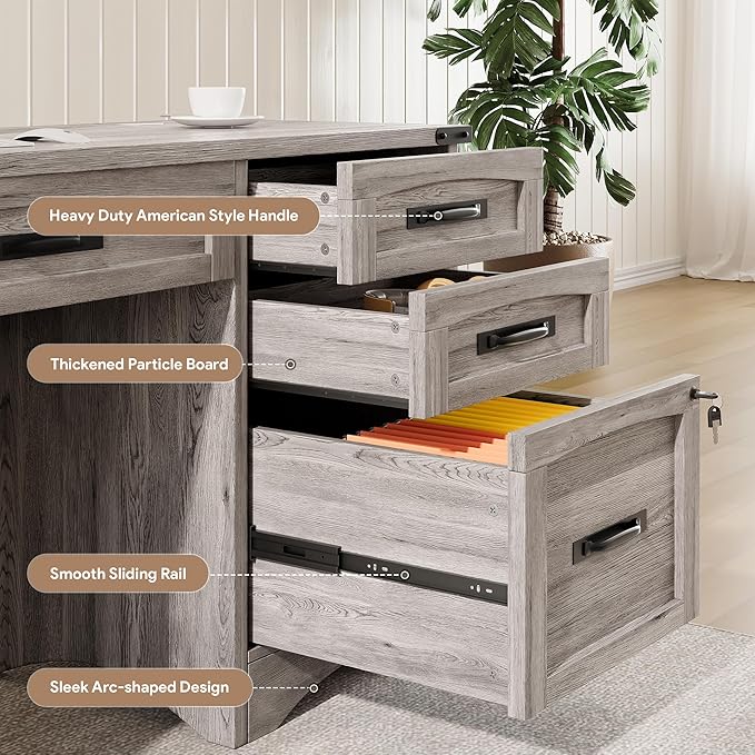 Farmhouse Executive Desk with Drawers, 55" Home Office Desks with Fast Charging Station, Lockable File Cabinet, Wood Writing Computer Desk for Work, Study, Grey