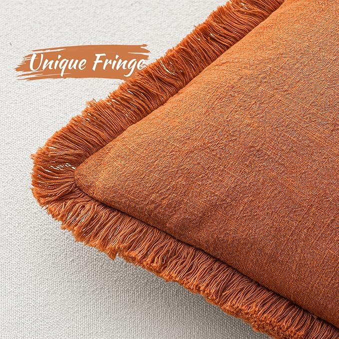 MIULEE Fall Decorative Throw Pillow Covers Neutral Linen Fringe Throw Pillows Set of 2 Orange Boho Farmhouse Cushion Covers with Tassels for Couch Sofa Bed Living Room Spring Home Decor 20x20 Inch