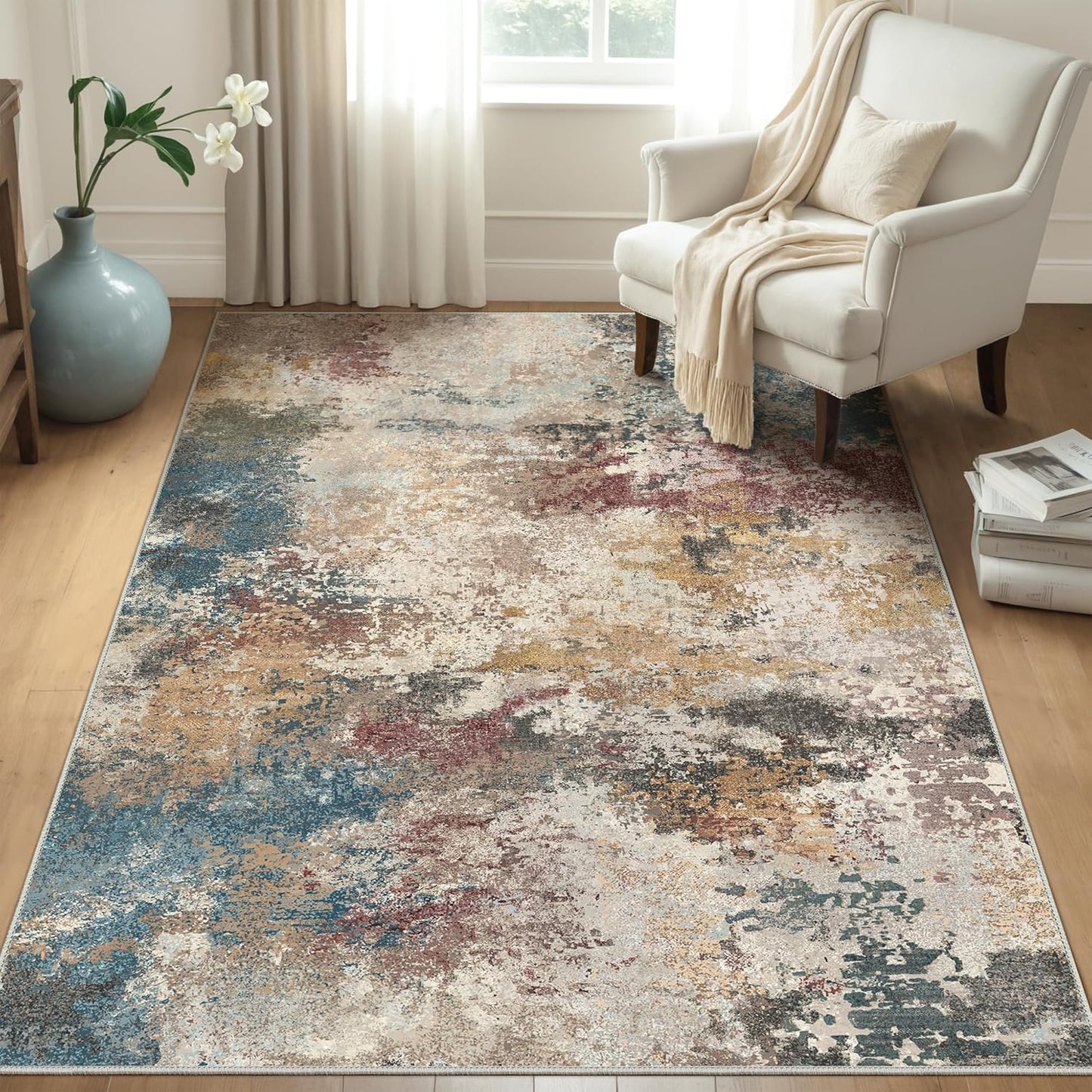Area Rugs 9x12 Machine Washable Area Rugs for Living Room Bedroom Dining Room, Large Modern Abstract Colorful Soft Rugs, Indoor Low Pile Carpet with Non Slip Rubber Backing, Multi Beige