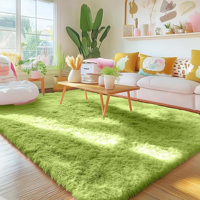 OLANLY Area Rugs for Living Room Bedroom, Machine Washable 4x5.9 ft Soft Fluffy Shaggy Bedside Rug, Indoor Floor Carpet for Kids Girls and Boys, Dorms, Nursery Rooms, Home Decor Aesthetic, Grass Green