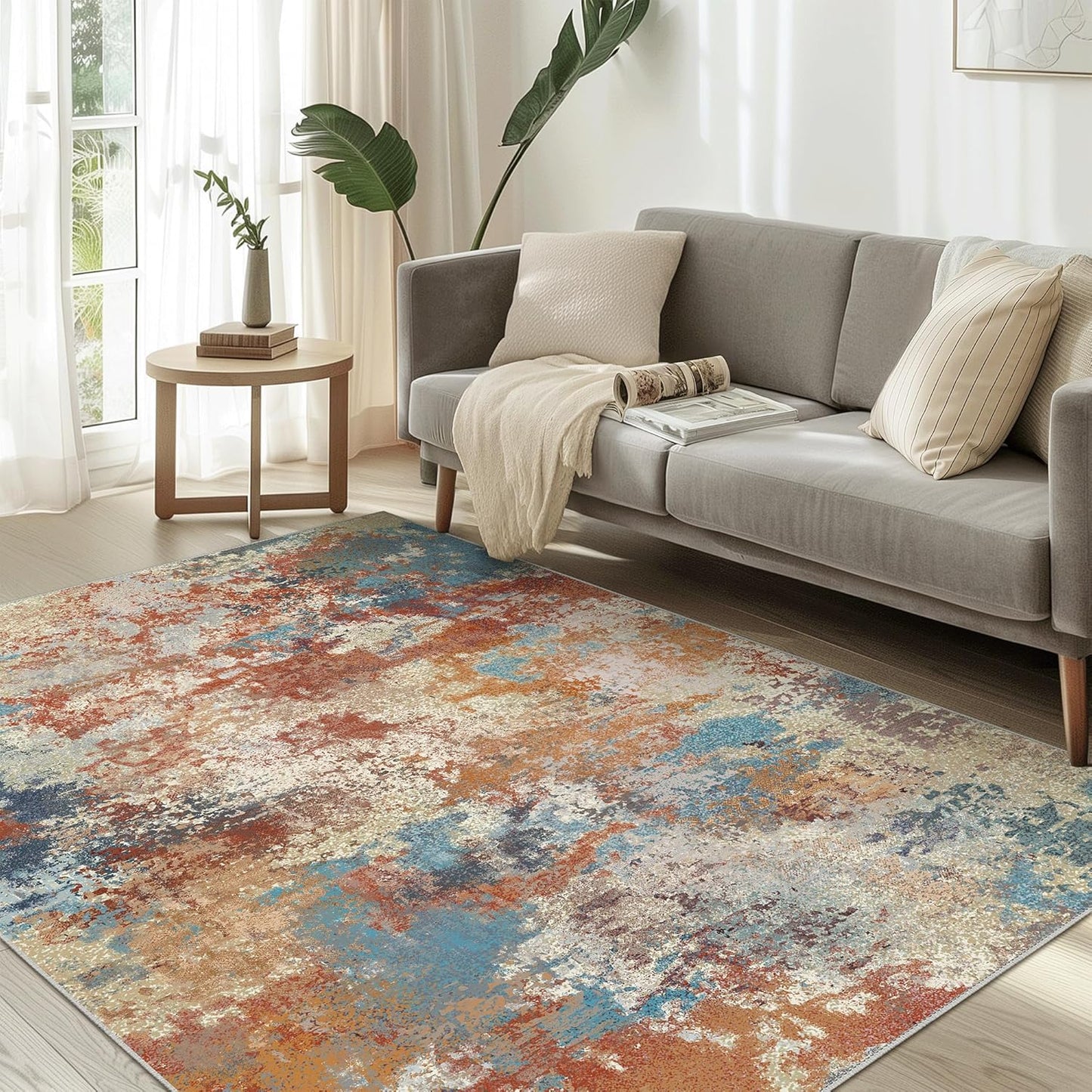 Area Rugs 8x10 Machine Washable Area Rugs for Living Room Bedroom Dining Room, Large Modern Abstract Colorful Soft Rugs, Indoor Low Pile Carpet with Non Slip Rubber Backing, Multi Red