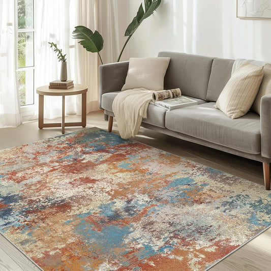 Area Rugs 8x10 Machine Washable Area Rugs for Living Room Bedroom Dining Room, Large Modern Abstract Colorful Soft Rugs, Indoor Low Pile Carpet with Non Slip Rubber Backing, Multi Red