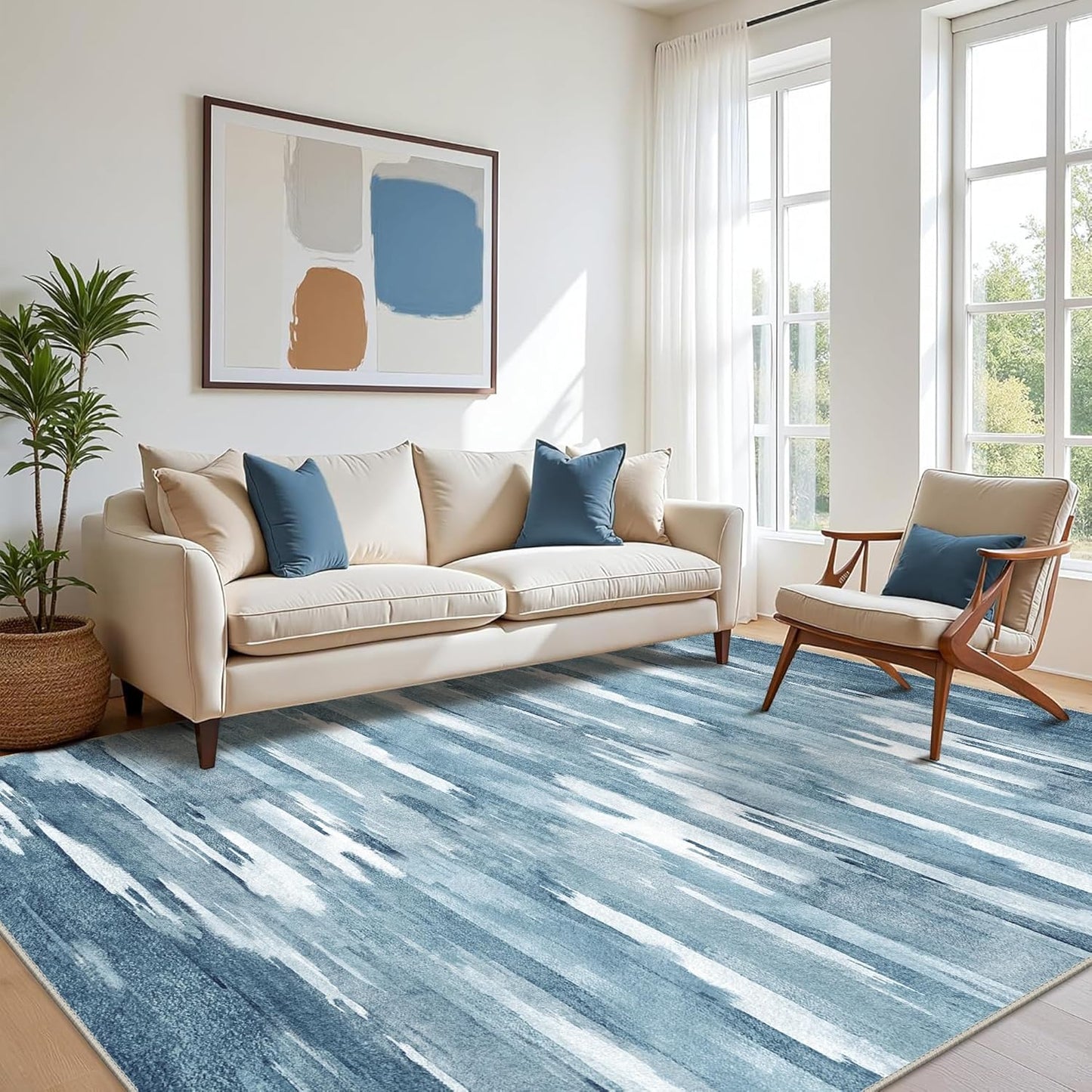 Area Rugs 8x10 Machine Washable Rug for Bedroom Living Room Dining Room, Large Modern Abstract Soft Rugs, Indoor Low Pile Carpet with Non Slip Rubber Backing, Glacial Blue